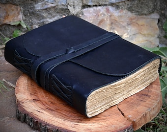 books and journals Leather Journal - Handmade Vintage Unlined Deckle Edge Rustic Paper | Gifts for women & men | Black Leather bound Book of Shadows, Grimoire