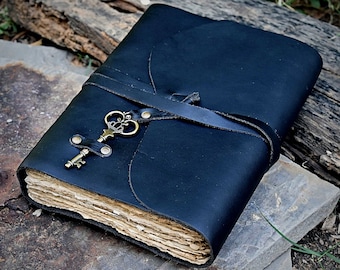 Leather Journal, Antique Handmade Deckle Edge Vintage Paper, Black Leather Bound Journal, Book of Shadows Journal, Grimoire, Sketchbook Gift