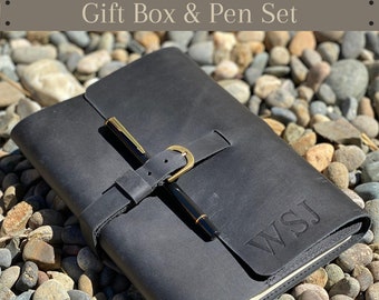 PERSONALIZED Black LEATHER JOURNAL Gift Set for Men and Women | Initials oN Leather Cover | Refillable A5 |Thick Lined Paper Notebook
