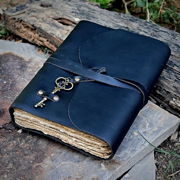 Leather Journal, Antique Handmade Deckle Edge Vintage Paper, Black Leather Bound Journal, Book of Shadows Journal, Grimoire, Sketchbook Gift