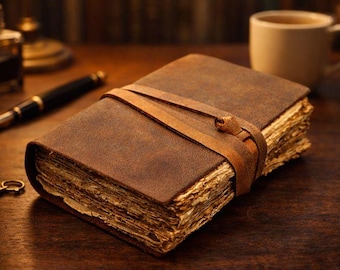 LEATHER JOURNAL - Handmade Vintage Deckle Edge Rustic Paper - Book of Shadows, Grimoire, Junk Fantasy gifts antique Scrapbook dnd spell book