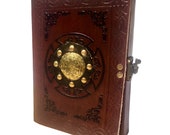 Medieval Leather Journal Brass Embossed Celtic Design Book of Shadows Vintage Grimoire Unlined Paper DND Gift for him her (7x5)