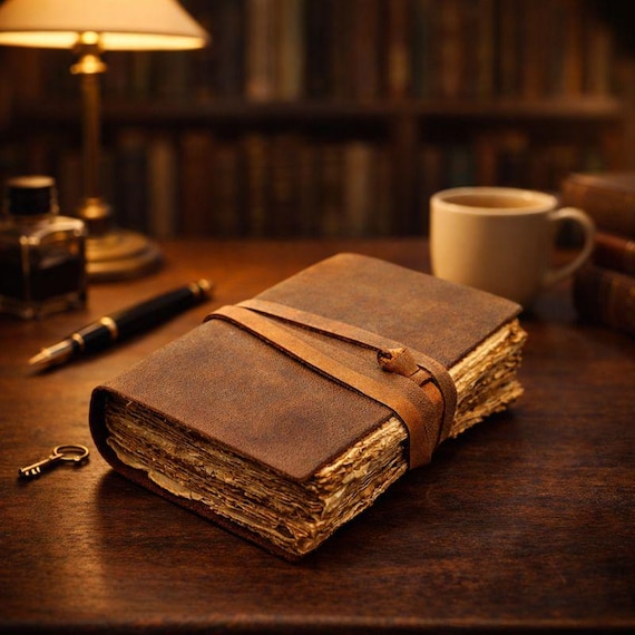 LEATHER JOURNAL - Handmade Vintage Deckle Edge Rustic Paper - Book of Shadows, Grimoire, Junk Fantasy gifts antique Scrapbook dnd spell book