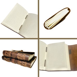 May include: Two brown leather journals with a criss-cross strap closure. The journals are open to reveal lined pages.