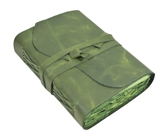 GREEN LEATHER JOURNAL Handmade Vintage Green Deckle Edge Unlined Paper, Book of Shadows, Grimoire, Fantasy Junk Scrapbook, antique spellbook