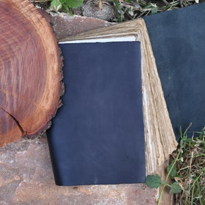 May include: A black leather-bound journal with a worn, aged appearance. The cover is closed and the spine is visible, showing the pages are bound together with stitching. The journal is resting on a wooden surface.