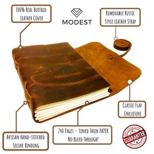 May include: A brown leather-bound journal with a removable rustic leather strap. The journal has 240 lined pages with thick paper that prevents bleed-through. The journal has a classic flap enclosure and is made with 100% real buffalo leather. The journal is hand-stitched with secure binding. The journal is guaranteed to be of high quality.