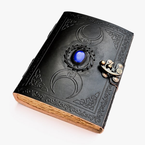 Vintage Black Leather Journal, Third Eye Stone, Antique Deckle Edge Paper, Wicca Book of Shadows, Grimoire, Witch Journal for witchcraft