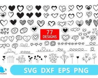 Könnte beinhalten: Ein Set mit 77 handgezeichneten Herzdesigns in Schwarzweiß. Die Herzen sind in verschiedenen Formen und Größen, darunter einfache Umrisse, ausgefüllte Herzen und Herzen mit dekorativen Details. Die Designs sind perfekt für Basteln, Scrapbooking und andere kreative Projekte.
