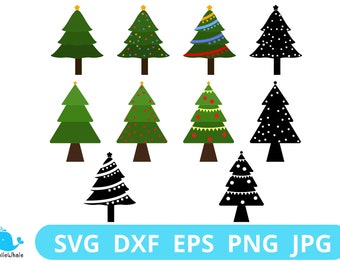 May include: Set of ten Christmas tree illustrations in various styles. The trees are green, black, and decorated with red, blue, and yellow ornaments. Some trees have a star on top, while others have a simple brown trunk.