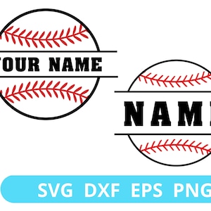 May include: Two baseball-themed designs for a personalized name. The first design features a baseball with red stitching and the text "YOUR NAME" in a black banner. The second design features a baseball with red stitching and the text "NAME" in a black banner.
