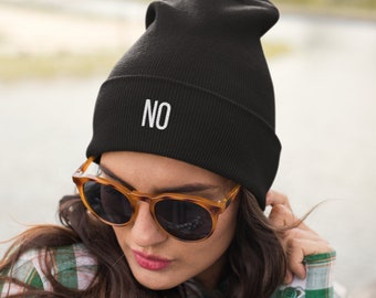 NO Funny Logo Embroidered Beanie|Winter Basic Beanie|Winter Knit Hat Beanie|Meme Funny Text Words Beanie Hat|Holiday Gift|Unisex Winter Hat