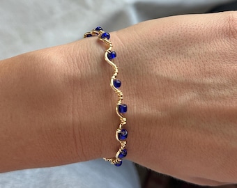 Sapphire Blue Beaded Bracelet | Gold Wire Wrapped Wave Bangle | Stackable Jewelry