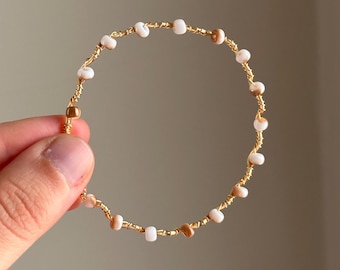 Toasted Marshmallow White and Burnt Gold Beaded Wire Bracelet | Handmade Gold Wire Wrapped Wave Bangle | Dainty Jewelry | Trendy Jewelry