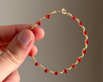 Pomegranate Seed Red Beaded Wire Bracelet | Handmade Gold Wire Wrapped Wave Bangle | Dainty Jewelry | Trendy Jewelry | red and gold jewelry