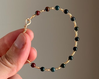Vampire Bloodstone Beaded Wire Bracelet | Handmade Gold Wire Wrapped Wave Bangle | Dainty Jewelry | Trendy Jewelry | Bloodstone Jewelry
