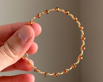 Pumpkin Spice Orange Metallic Beaded Bracelet | Handmade Gold Wire Wrapped Wave Bangle