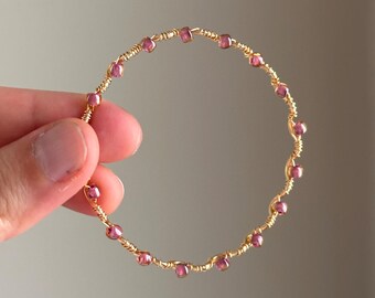Violet Dusk Purple Beaded Wire Bracelet | Handmade Gold Wire Wrapped Wave Bangle | Dainty Trendy Jewelry