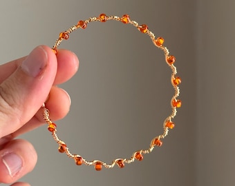Harvest Moon Orange Beaded Wire Bracelet | Handmade Gold Wire Wrapped Wave Bangle | Dainty Trendy Jewelry