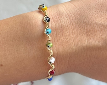Multicolor Evil Eye Bracelet | Handmade Gold Wire Wrapped Wave Bangle, Greek Mati Jewelry