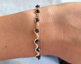 Black Evil Eye Bracelet | Handmade Gold Wire Wrapped Wave Adjustable Bangle, Greek Mati Jewelry