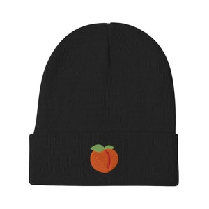 Peach Emoji Embroidered Beanie, Knit Unisex Slouchy Adult Winter Hat Cap Gift One Size Meme Funny, cuffed, georgia peach, funny beanie, cute
