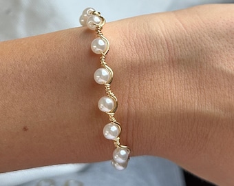 Pearl Bracelet | Aphrodite Siren Bangle | Handmade Gold Wire Wrapped Wave Bracelet | Adjustable Jewelry