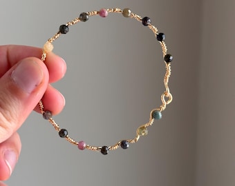 October Birthstone Tourmaline Bracelet | Tourmaline Beaded Wire Bracelet | Handmade Gold Wire Wrapped Wave Bangle | Dainty Trendy Jewelry