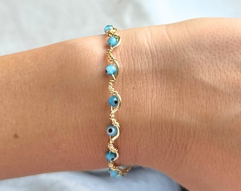 Light Blue Evil Eye Bracelet | Handmade Gold Wire Wrapped Wave Bangle, Greek Protection Jewelry