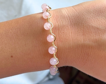 Rose Quartz Bracelet | Handmade Gold Wire Wrapped Wave Bangle | Natural Stone Jewelry | Adjustable Bracelet