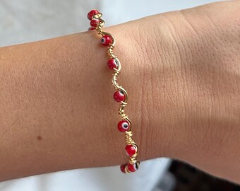 Red Evil Eye Bracelet | Gold Wire Wrapped Wave Bangle | Greek Mati Jewelry
