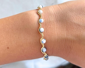 Blue White Jasper Bracelet | Handmade Gold Wire Wrapped Wave Bangle | Natural Stone Jewelry Adjustable