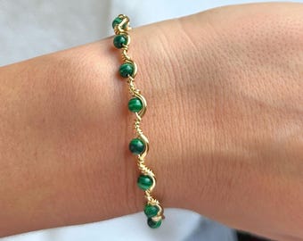Green Malachite Beaded Wave Bracelet | Handmade Gold Wire Wrapped Bangle