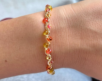 Handmade Gold Wire Wrapped Beaded Bangle | Sunset Pink Orange Yellow Wave Bracelet