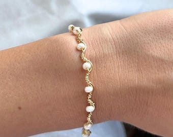 White Beaded Bracelet | Handmade Gold Wire Wrapped Wave Bangle | Minimal Stackable Jewelry | Adjustable Bracelet
