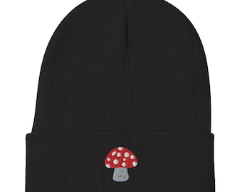 Mushroom Embroidered Beanie, Knit Unisex Slouchy Adult Winter Hat Cap Gift One Size toadstool, red mushroom hippie beanie boho beanie
