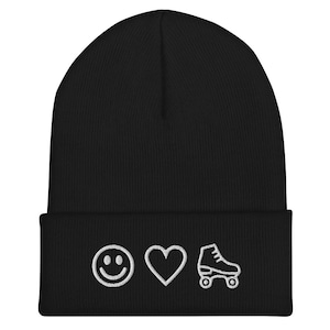 Smiley Face Heart Roller Skate Beanie Cute Beanie Skate Beanie gift for roller skater roller skate gift embroidered beanie Emoji Beanie