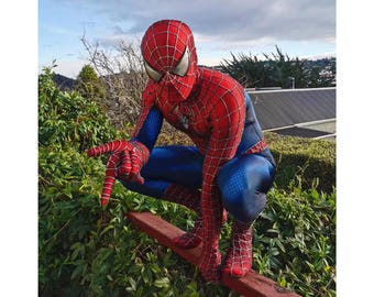 Spiderman Costume Suit Cosplay Sam Raimi Spider-man Upgraded Suit with Faceshell & 3D Rubber Webbing，Customized Handmade Gift，Movie Prop