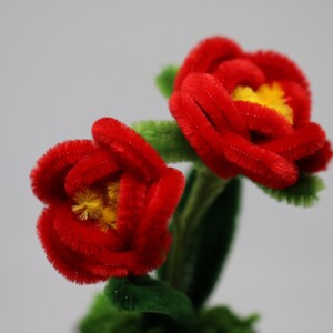 May include: Two handmade red pipe cleaner flowers with yellow centers and green stems and leaves. The flowers are in full bloom, with a soft, fuzzy texture. The background is a plain, light gray.