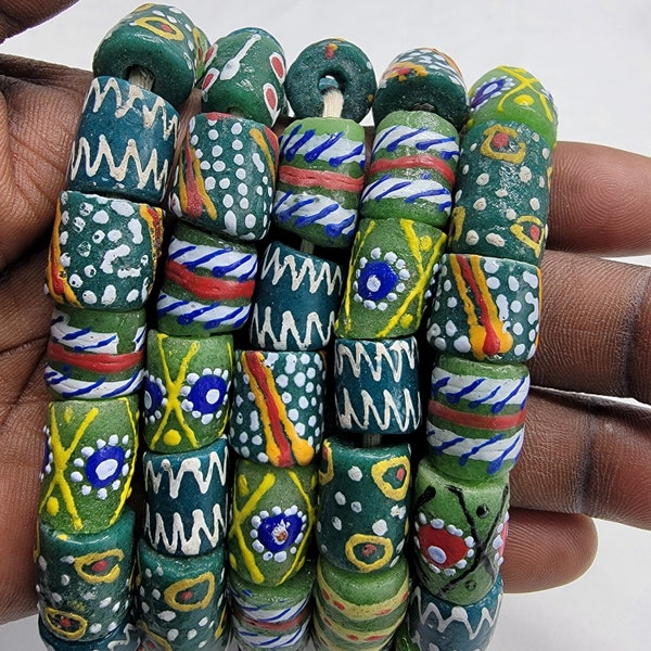 18 Green Glass Beads, Hand Painted African Beads