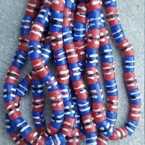 Small Blue Red Glass Beads, African Beads, HandPainted Beads, Ghana Beads