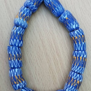 Blue Hand Printed Beads, Ghana Glass Beads, Beaded Jewelry
