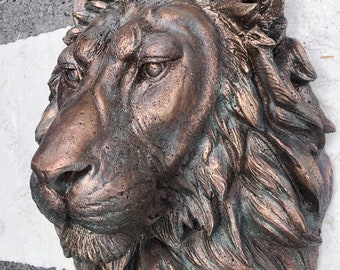 Lion Head Sculpture| Cast Stone Water Feature| Lion Fountain Face  Pool Element Patina bronze look - Large Size  16H x 14w x 8P