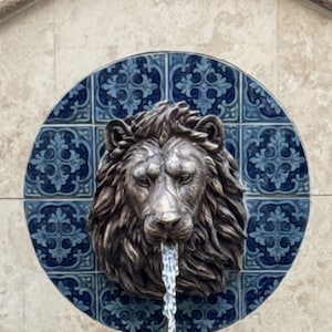 Lion Head Sculpture| Cast Stone Water Feature| Lion Fountain Face  Pool Element Patina bronze look - Large Size  16H x 14w x 8P