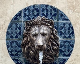 Lion Head Sculpture| Cast Stone Water Feature| Lion Fountain Face  Pool Element Patina bronze look - Large Size  16H x 14w x 8P
