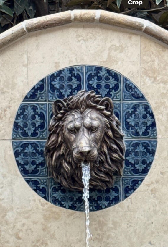 Lion Head Sculpture| Cast Stone Water Feature| Lion Fountain Face  Pool Element Patina bronze look - Large Size  16H x 14w x 8P