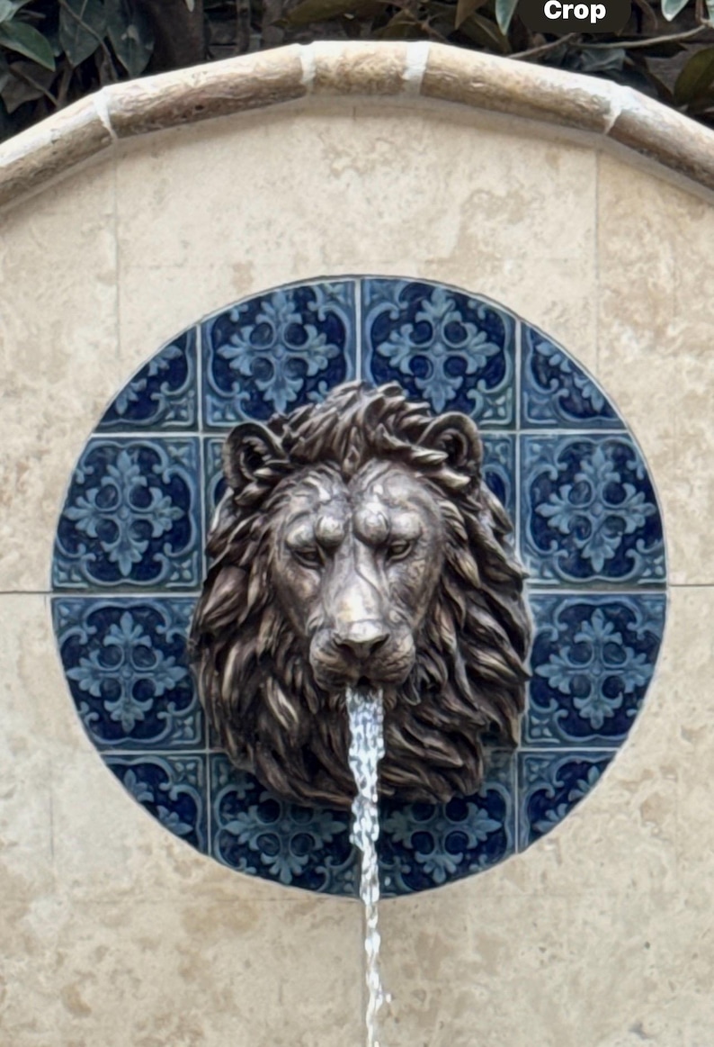 Lion Head Sculpture| Cast Stone Water Feature| Lion Fountain Face Pool Element Patina bronze look - Large Size 16H x 14w x 8P 画像 1