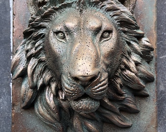 Bronze Lion Mask Fountain - Cast Stone Water Feature - Lion Face Sculpture - Size 8.5”w x 9.89”h