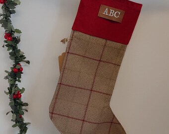 Handmade Personalized Wool Christmas Stocking – Red Tartan, Velvet Cuff
