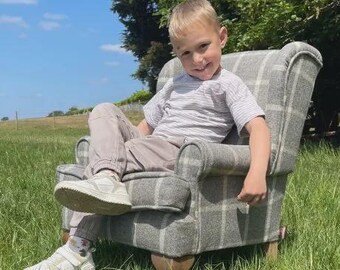 Children’s Wingback Chair | Handmade Kids Armchair in Grey Check Tweed Limited Edition